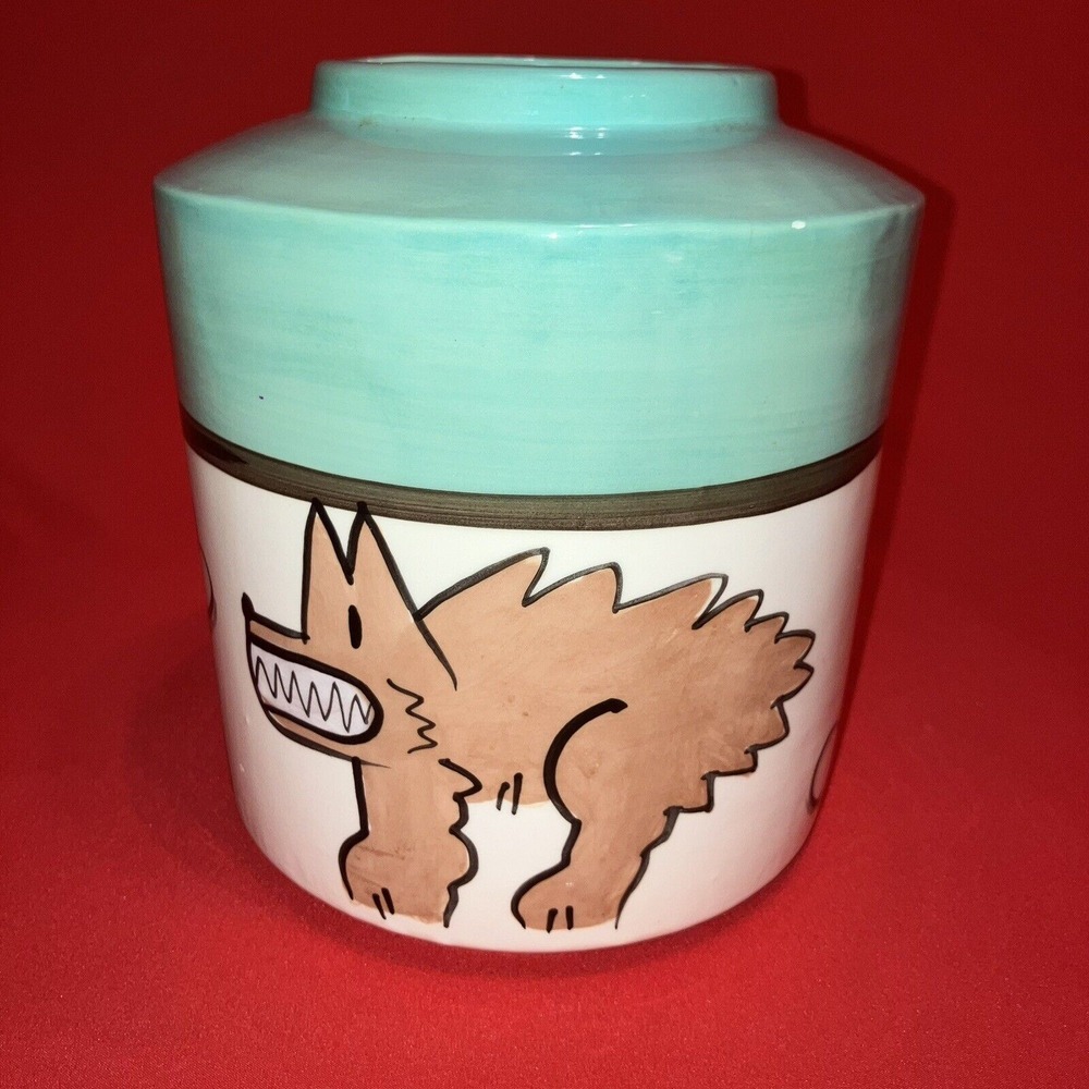 B-ware Studio 1987 Cookie Jar / Painted Dog / Teal Ceramic 80's / Flaws,‎ No Lid